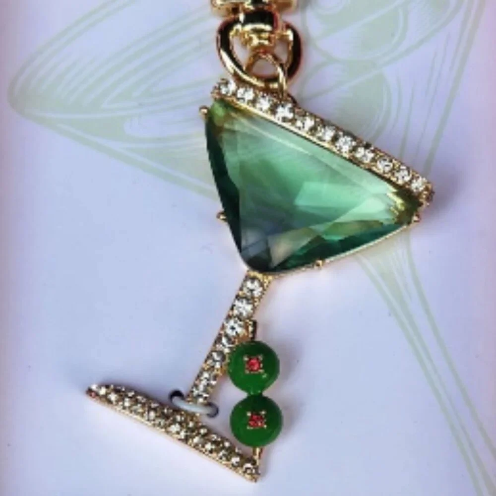 True To Form Rhinestone Glass Martini Keychain Bag Charm w/ Olives